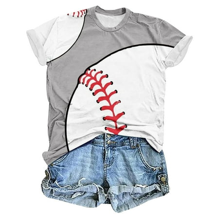 Women s Fashion 2024 Dressy Casual Tops Short Sleeve Loose Fit Flowy Tunic Tops Round Neck Blouse Vintage Basic Tees for Sports Summer Clothes for Teen Girls Baseball Graphic Tops Gray T Shirts L