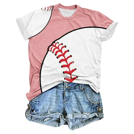 Women s Fashion 2024 Dressy Casual Tops Short Sleeve Loose Fit Flowy Tunic Tops Round Neck Blouse Vintage Baseball Graphic Tops Summer Clothes for Teen Girls Basic Tees for Sports Pink T Shirts XL