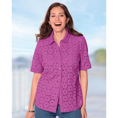 Appleseeds Women's Cotton Eyelet Elbow-Sleeve Shirt - Purple - 10 - Misses