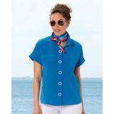Appleseeds Women's Crinkle Patch-Pocket Camp Shirt - Blue - S - Misses