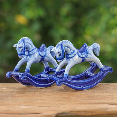 Blue Amusement,'Blue and White Rocking Horse Ceramic Figurines (Pair)'