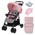 Puggle Starmax Pushchair Stroller with Raincover, Universal Footmuff and Parasol - Vintage Pink