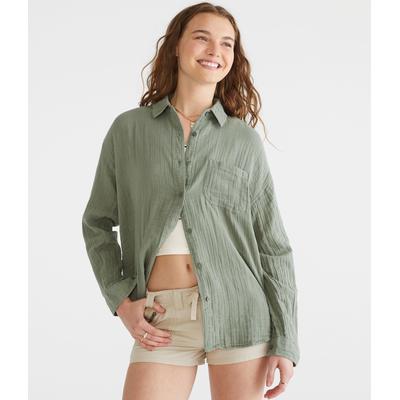 Aeropostale Womens' Long Sleeve Gauze Oversized Shirt - Green - Size XS - Cotton