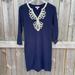Lilly Pulitzer Dresses | Lilly Pulitzer Women Devlin Merino Wool Shift Sweater Dress 3/4 Sleeve Blue Xs | Color: Blue/Gold | Size: Xs
