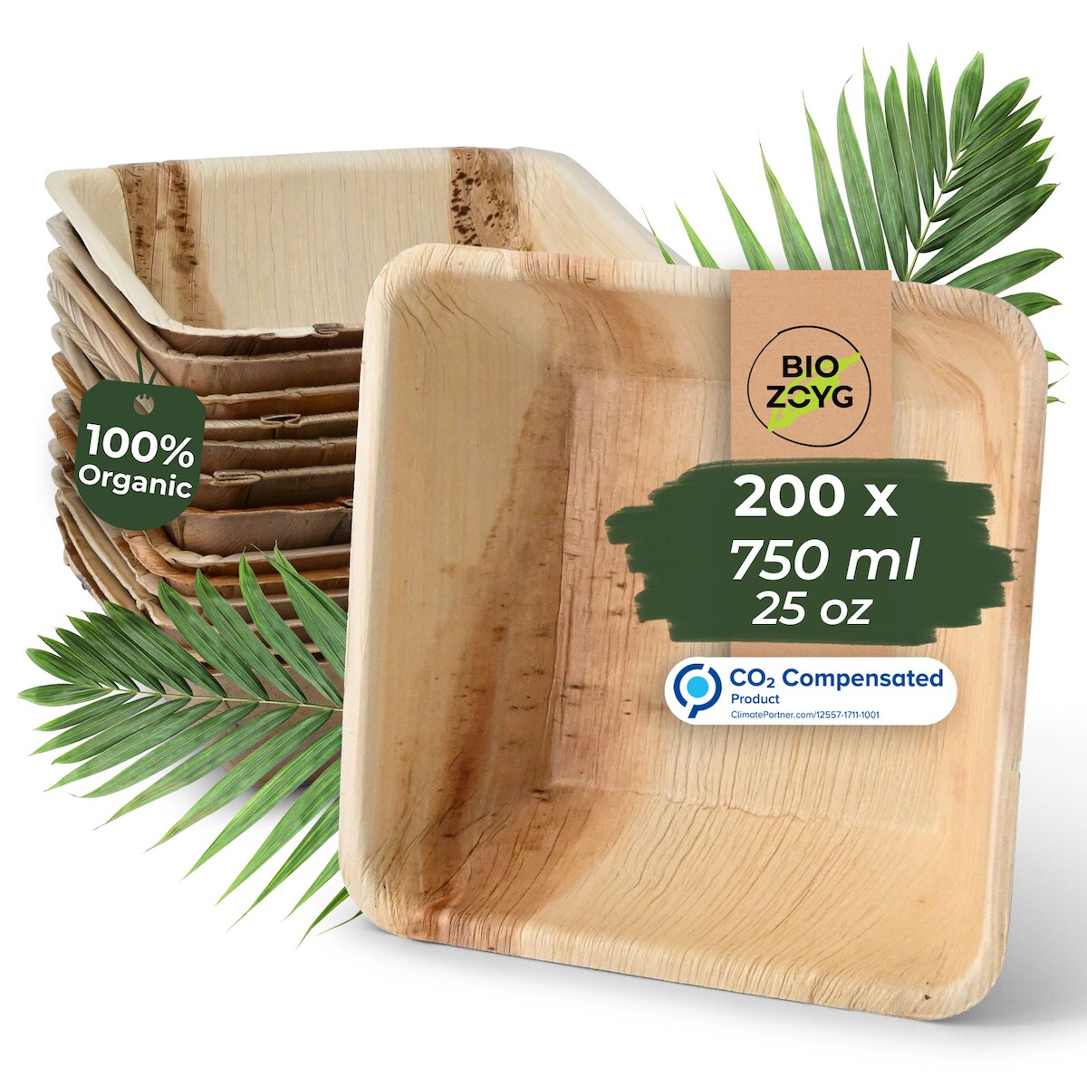 BIOZOYG 200 Stück quadratische Einwegschalen Palmblattschalen 750ml für Partys, umweltfreundliches Biogeschirr, Einmalgeschirr, biologisch abbaubar Image