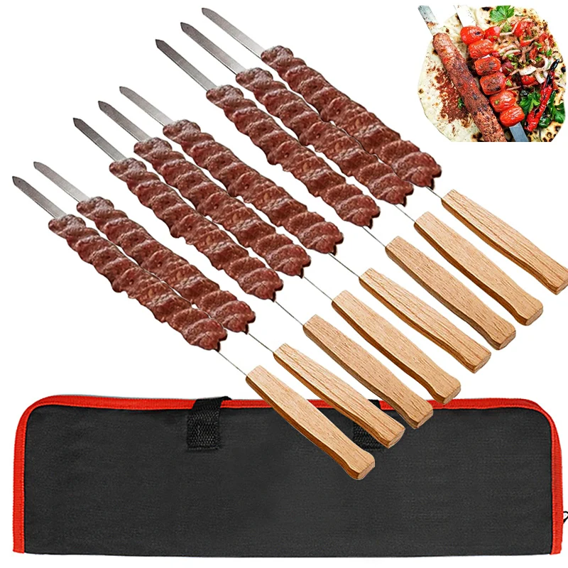 8 Stück Kabab Koobideh Spieße 17 Zoll Edelstahl Grillspieß Wiederverwendbare Grillspieße Flacher Stab mit Holzgriff Image