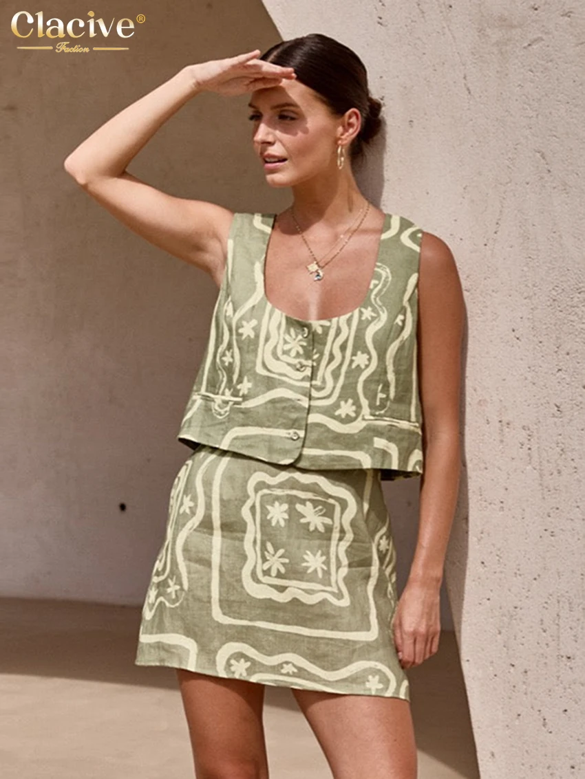 Clacive Sexy Lose Druck 2 Stück Sets Frauen Outfit Sommer Ärmelloses Tank Top Mit Hoher Taille Mini Röcke Set Weibliche Streetwear Image