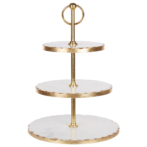 Etagere Weiß u. Gold aus Marmor Edelstahl 3-stöckig Rund 44 cm Hoch Elegant Glamour Edles Design Kuchenplatte Tortenständer Serviergeschirr