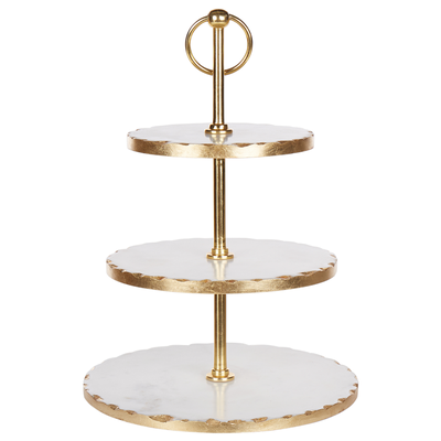 Etagere Weiß u. Gold aus Marmor Edelstahl 3-stöckig Rund 44 cm Hoch Elegant Glamour Edles Design Kuchenplatte Tortenstän