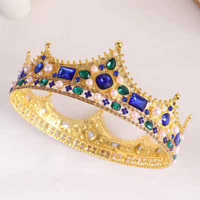 KMVEXO Bride Royal Blue Crystal Queen King Round Tiaras and Crowns Bridal Pageant Diadem Head