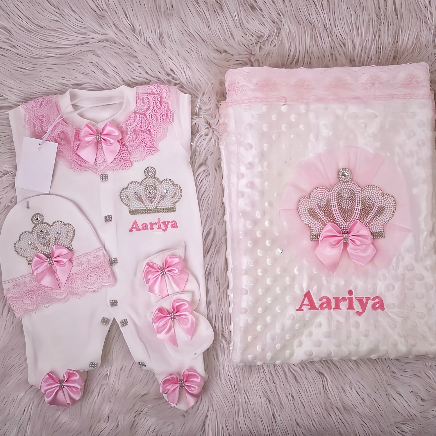 Dollbling Newborn Baby 4pcs+Swaddling Blanket Romper Outfit French Embroidery Lace Infant Handmade Hospital Exit Bedding Set