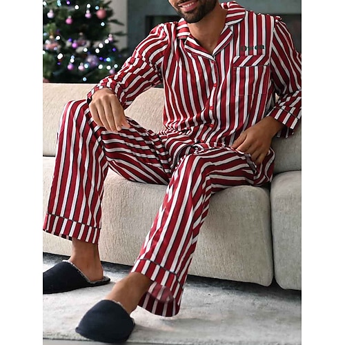Herren Hausanzug Schlafanzüge Schlafanzug Set Pyjama-Oberteil und Hose 2 Stück Streifen Stilvoll Brautkleider schlicht Komfort Heim Täglich Bett Baumwollmischung Komfort Weich Kargen Langarm Hemd Hose Image