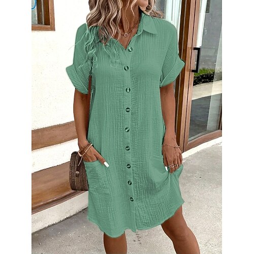 Damen Minikleid Kunstbaumwollleinen Hemdblusenkleid Baumwoll-Leinen-Kleider Winterkleid Lässig Urlaub Normale Passform Einfach Kurzarm V Ausschnitt Blau Schwarz Weiß Gelb Sommer Image