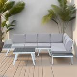 Industrial 5-piece Aluminum Outdoor Terrace Furniture, Modern Garden Segmented Sofa with Dining Table, Coffee Table, White+Grey