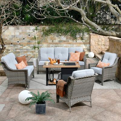 OVIOS 5-piece Patio Wicker Conversation Set With Fire Table