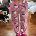 Sanrio Hallo Kitty Pyjama Hosen niedlich y2k schwarz rosa Anime Flanell Frauen warme Wolle Cartoon