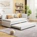 Upholstered Daybed with Twin Size Trundle, Twin Size Linen Fabric Sofa Bed Frame with L-Shaped Headboard, No Box Spring Needed