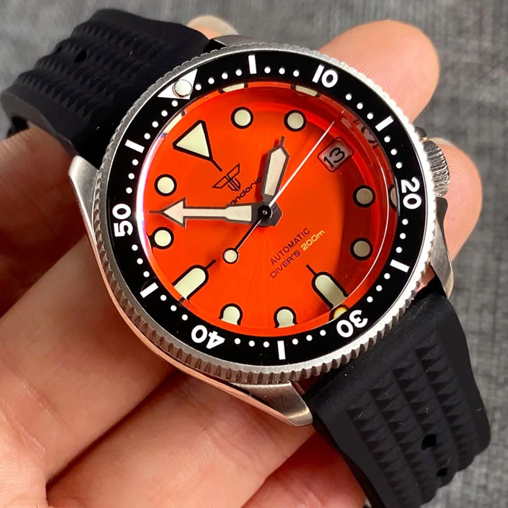 SKX013 Mod 200M Wasserdichte Stahl Mechanische Uhr Männer Sunburst Orange Taucher Armbanduhr 37mm Dame Uhr Waffel Band 3,8 krone Image