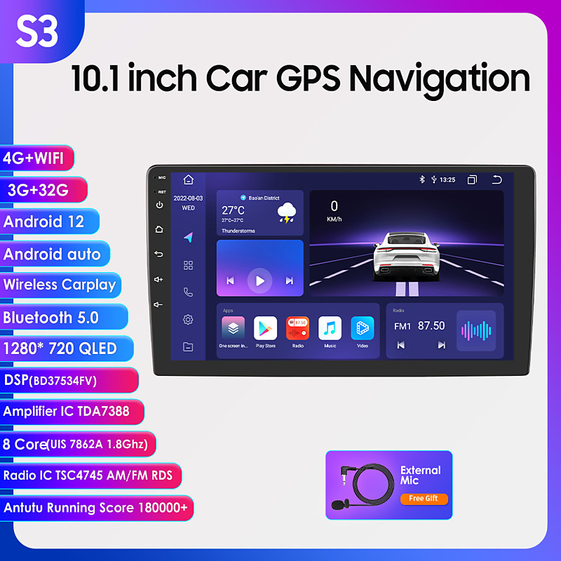 Android 12 2 Din for Universal Car Radio Multimedia Player GPS Navigation Car Audio Stereo Head Unit 10.1 Inch Speakers wifi