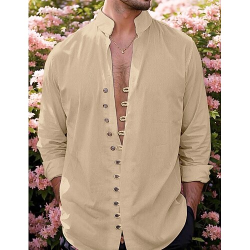 Herren Hemd Leinenhemd Sommerhemd Strandbekleidung Knopfhemd Einfarbig Täglich Strand Schwarz Rosa Khaki Dunkelgrau Langarm Sommer Bekleidung Image