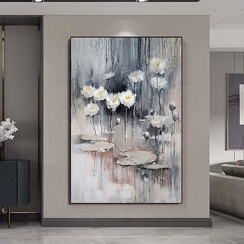 Mintura handgemachte abstrakte Seerosen-Ölgemälde auf Leinwand, Wandkunst, Dekoration, modernes Blumenbild für Heimdekoration, gerolltes, rahmenloses, ungedehntes Gemälde Image