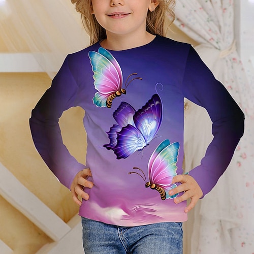 Mädchen 3D Schmetterling T-Shirt Langarm 3D-Druck Herbst Aktiv kinderkleidung 4-12 Jahre Regular Fit Image