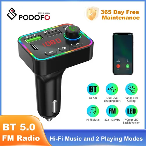 Podofo fm sender freihändiges radio mp3 aux adapter usb pd ladegerät auto bt 5 0