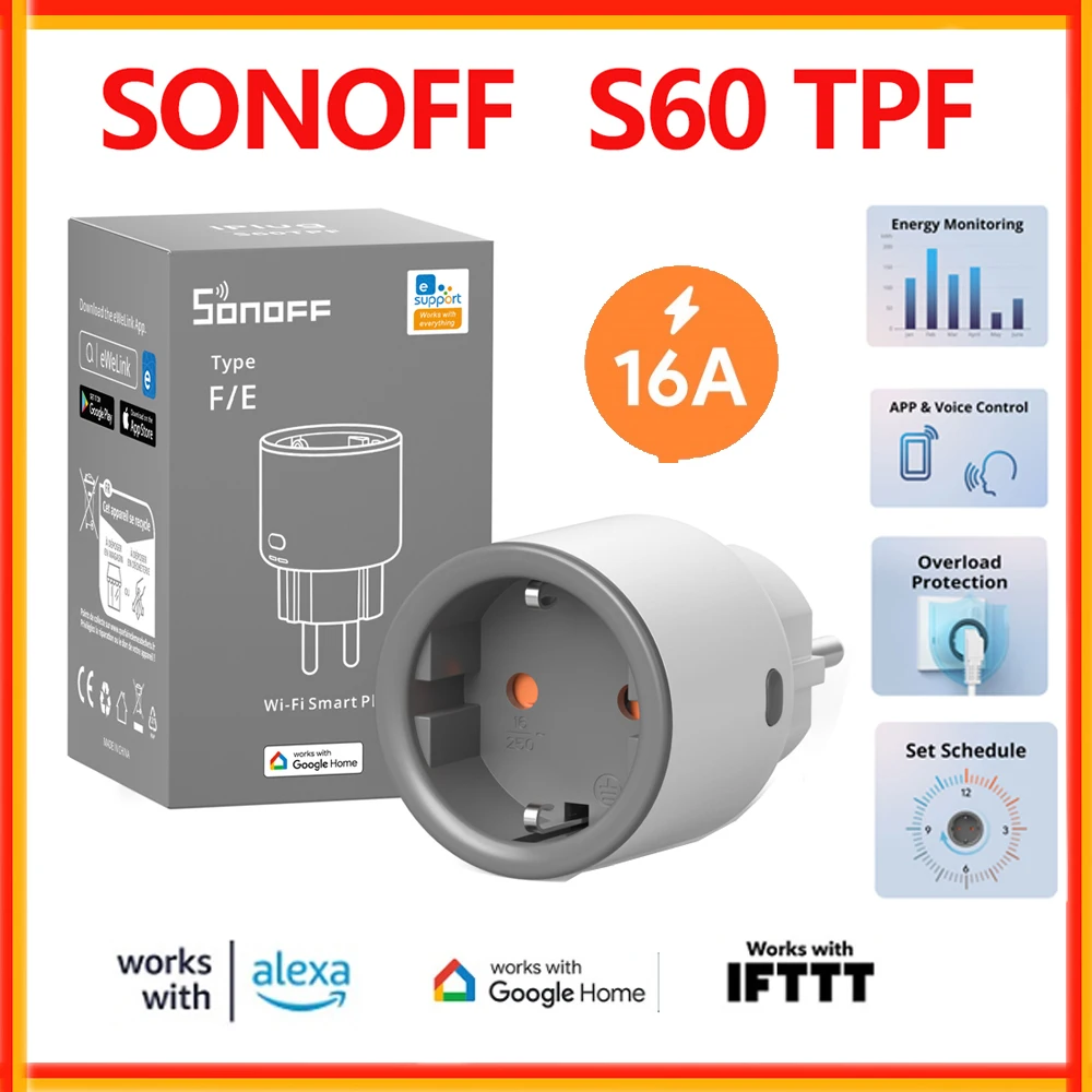 SONOFF S60 TPF EU Wifi Smart Plug 16A Strom Smart Steckdose Mit Energie Überwachung Fernbedienung Timer Sprachsteuerung Smart Szene Image