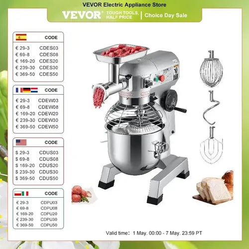 VEVOR Küchenmaschine 1100 W Knetmaschine 20 L Edelstahl Kompakt Küchenmaschine 120 kg/h