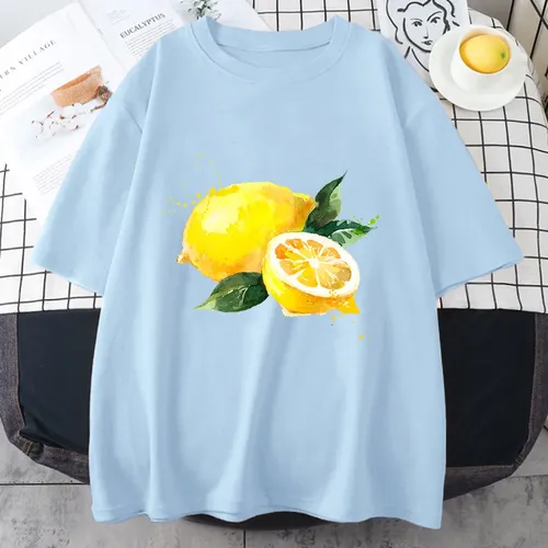 Obst Granatapfel Frauen Kleidung Harajuku Cartoon Zitronen druck weiß T-Shirt Trend O-Ausschnitt