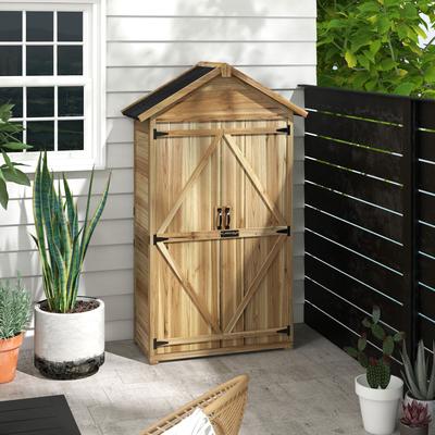 Outsunny Outdoor Storage Cabinet with Waterproof Asphalt Roof, Wooden Garden Shed with Double Lockable Doors and Shelves