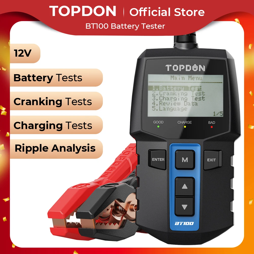 TOPDON BT100 12V Auto Batterie Tester Digital Automotive Diagnose Batterie Tester Analysator Fahrzeug Ankurbeln Lade Scanner Werkzeug Image