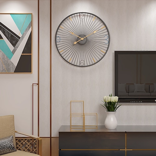 Wanduhr, Kunstuhr, nordische Wanduhr, leise Uhr für das Wohnzimmer, runde Eisenuhr für die Wanddekoration zu Hause, batteriebetrieben, schwarz-gold, schwarze, leise Büro-Wanduhr, 50 cm Image