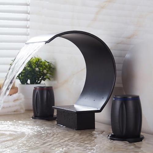Waschbecken Wasserhahn, eleganter Doppelgriff Bogen Wasserfall Auslauf Badewannenfüller Wasserhahn mit drei Löchern weit verbreiteter Badezimmer Wasserhahn Gold / Mattschwarz