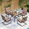 Patio Dining Set for 4 Outdoor Furniture Square Bistro Table Wooden Top with 1.57 Umbrella Hole 4 Spring Motion Chairs with Cushion for Backyard Garden Lawn