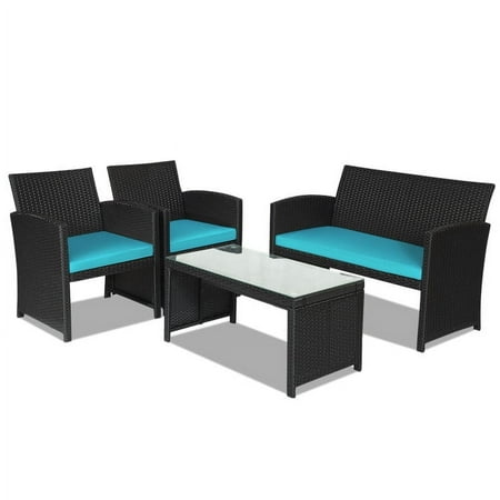 Kepooman Patio Conversation Set 4 Pieces Outdoor Furniture Set Wicker with Rattan Chair Loveseats Coffee Table for Outdoor Indoor Garden Backyard Porch Poolside Balcony Turquoise