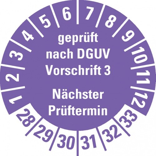 Dreifke® Prüfplakette Gepr.n. DGUV Vorschrift 3 28-33, violett, Schachbrettfolie, Ø30mm, 18 Stk. Image