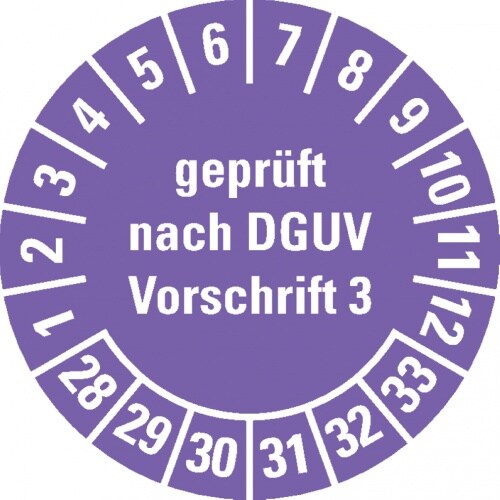 Dreifke® Prüfplakette gepr.n. DGUV Vorschrift 3 28-33, violett, Dokumentenfolie, Ø20mm, 180/H Image