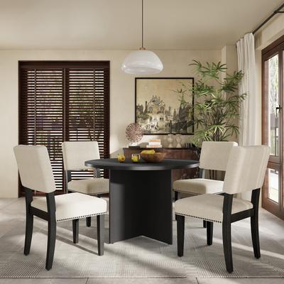 5-Piece Round Dining Table Set Pedestal Kitchen Table Set with 4 Upholstered Dining Chairs for Studio,Apartment,Small Places