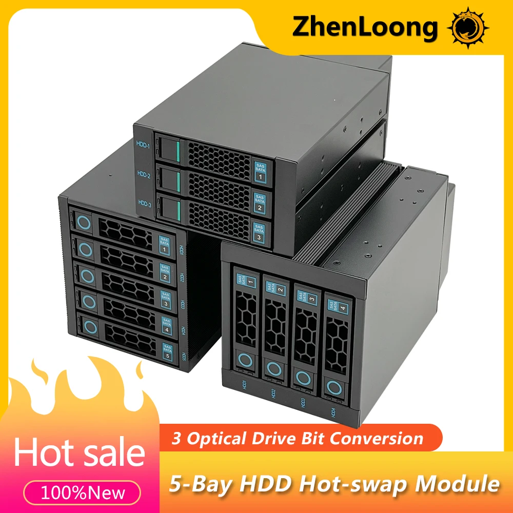 ZhenLoong 5-Bay Hot Swap Festplatten-Festplattenkäfigmodul 3,5-Zoll SATA SSD HDD Datenspeicherung für 3 x 5,25 Zoll optische Laufwerksposition Image