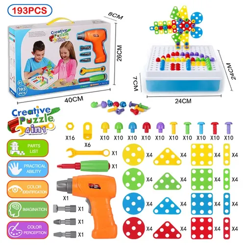 193pcs elektrische Bohr schraube 3d Puzzle Spielzeug für Kinder Jungen DIY kreative Mosaik Puzzle