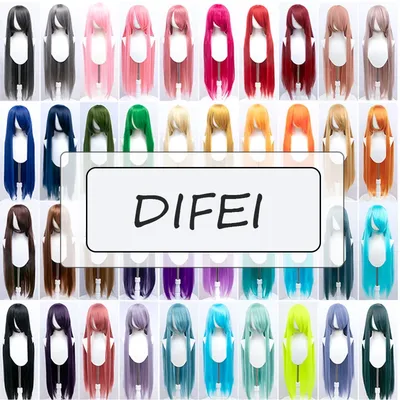 DIFEI 100CM Synthetic Long Straight Cosplay Wig With Bangs Woman Anime Ombre Wig Pink Green Gold