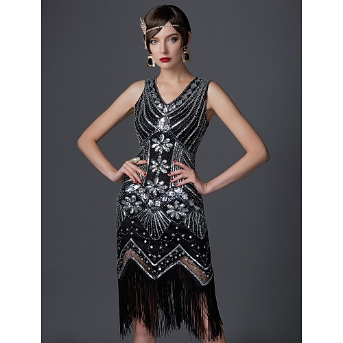 Goldene Zwanziger 1920er Knielang Kleid Flapper Kleid Partykostüm Ärmellos Der große Gatsby Charleston Hochzeitsgast Pailletten Quastenfransen Pailletten V Ausschnitt Kostüm Damen Abschlussball Image