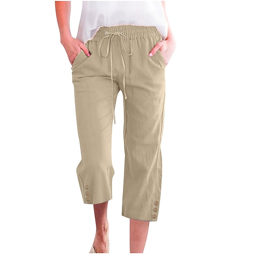 Damen Hose aus Baumwollleinen Hosen Hose Alltagstauglich Wadenlang Einfach Kordelzug Seitentaschen Atmungsaktivität Bequem Unelastisch Wochenende Wein Marineblau Braun Khaki Frühling Sommer Normale Image