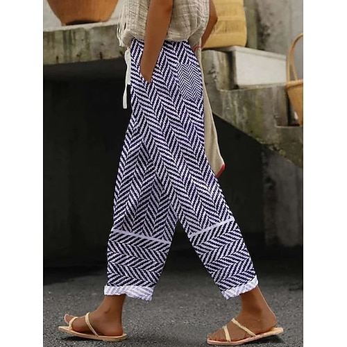 Damen Kunstbaumwollleinen Hosen Hose Alltagstauglich Knöchellang Natürliche Taille Grafik Gestreift Kordelzug Seitentaschen Atmungsaktivität Bequem Mikroelastisch Wochenende Königliches Blau Blau Image
