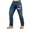 Smile Face Print Men's Jeans Mid Waist Skinny Fit Stretchy Slim Fit Jeans Tapered Leg Fashion Denim Pants