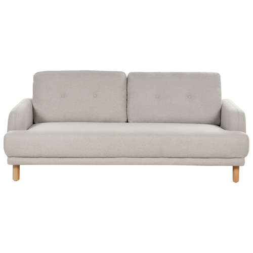 3-Sitzer Sofa Taupe Stoffbezug mit Hohen Holzbeinen Armlehnen Knopfheftung Skandinavisch Retro Modern Wohnzimmer Ausstattung