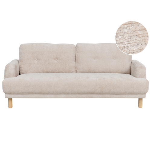 3-Sitzer Sofa Beige Bouclé mit Hohen Holzbeinen Armlehnen Knopfheftung Skandinavisch Retro Modern Wohnzimmer Ausstattung