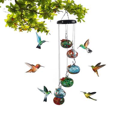 Wind Chime Hummingbird Feeder, Hand Blown Glass Hummingbird feeders for Outdoors Hanging, 6 Feeding Stations, Unique Garden Decor, Hummingbird Gifts