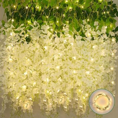 ElegantWeddingReceptionParty 12pcs White Wisteria Hanging Flowers withLED Fairy Lights, Artificial Hanging Wisteria Garland for Wedding Party Home Backdrop Wall Decorations